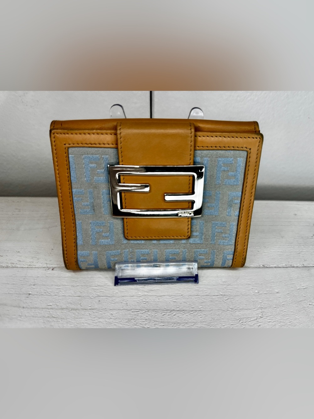 Fendi FF Zucca Baguette Logo Compact Wallet Tan & Blue Canvas Leather